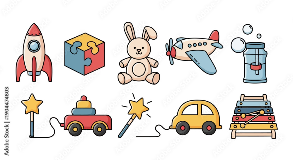 Naklejka premium A collection of colorful, flat design children's toys.
