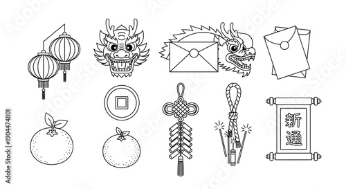 A collection of line art icons for the Chinese New Year celebration.