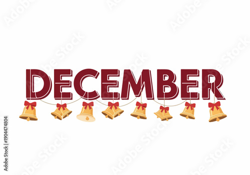 Festive and decorative December text adorned with golden jingle bells, symbolizing holiday cheer and winter celebrations on a clean white background