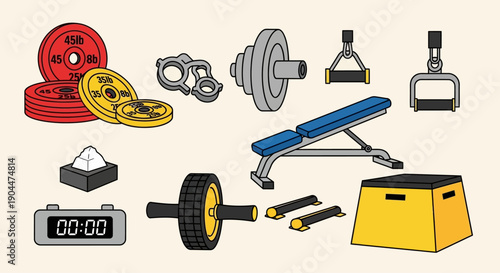 Collection of modern gym equipment on a light background