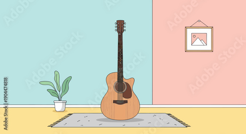 Acoustic guitar on a rug in a room with pastel walls.