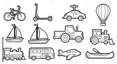 Collection of simplified transportation icons in black and white