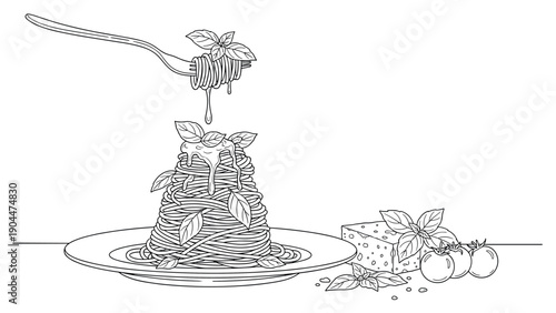 Line art pasta dish with fork and ingredients for coloring book