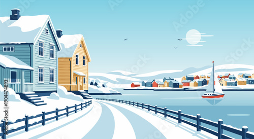Charming winter village scene vector illustration with snow-covered houses and a sailboat on the water, evoking a sense of peace and tranquility