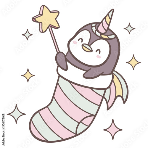 SVG art: A Bashful Penguin in a Unicorn Dreams vibe with snuggled in a sock, tinted with Unicorn Dreams tones