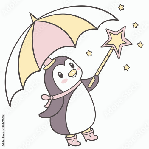 Cute Gentle Penguin, accessorized with under an umbrella, in a Unicorn Dreams world – Unicorn Dreams palette vector