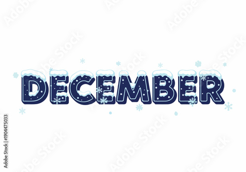 Stylized dark blue 'DECEMBER' typography featuring a snowy texture on the letters and delicate falling snowflakes, perfect for winter-themed graphic designs and seasonal announcements
