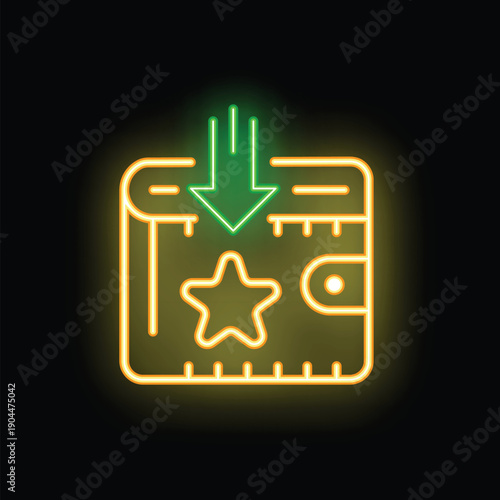 Neon icon of green arrow pointing down at yellow wallet with star, concept of bonus program or cashback