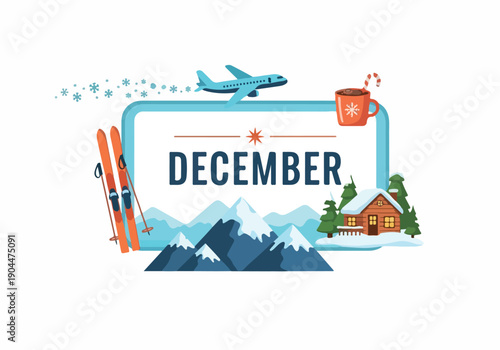 Celebrate December with winter travel adventures an illustration showcasing snowy mountain landscapes, thrilling ski trips, cozy cabin getaways, and festive holiday season explorations