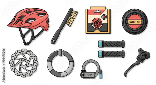 Collection of essential cycling gear and bike maintenance accessories.