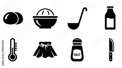 Kitchen essentials icons set: cooking tools and ingredients illustrated in black silhouette
