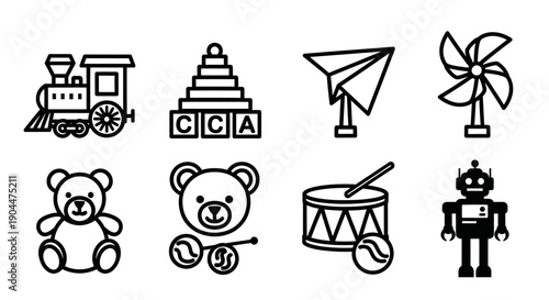 A set of kids toy icons including a train, robot, and teddy bear.