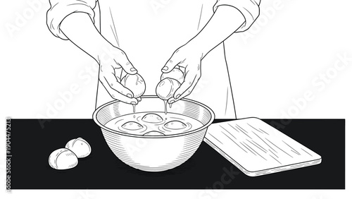 Person cracking eggs into bowl on kitchen countertop with cutting board