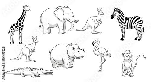 A collection of cute cartoon wild animals with black outlines