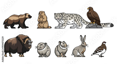 Cute cartoon arctic and alpine animals illustration set.