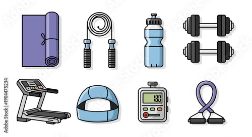 Collection of various fitness and gym equipment illustrations.