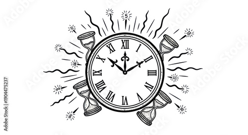 Vintage clock and hourglass illustration depicting time passing concept.