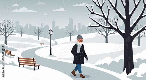A charming vector illustration of a senior man walking in a snow-covered park during winter with city skyline in background