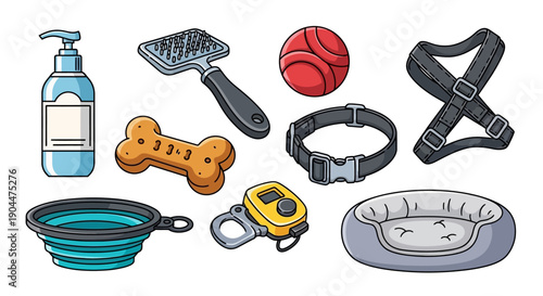 Essential Pet Care Accessories Collection for Dogs on White Background