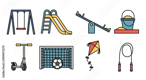 A collection of colorful children's playground equipment and outdoor toys.