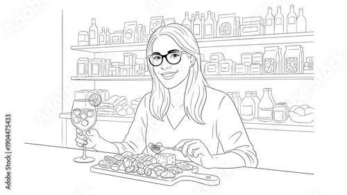 Woman enjoying cheese platter and wine in grocery store line art