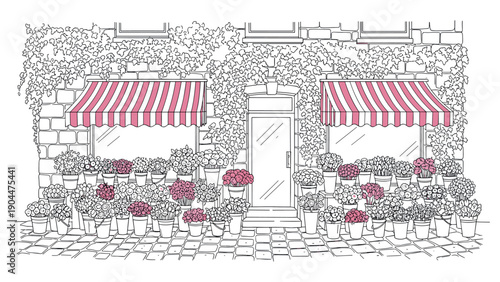 Charming flower shop façade with striped awnings and blooming potted plants