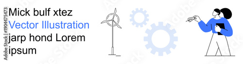 Sustainable energy, engineering processes, technological innovation, environmental research, green solutions, renewable energy. Wind turbine, gears and a person writing notes. Renewable energy