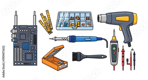 Collection of electronic repair tools and circuit board components on white background.
