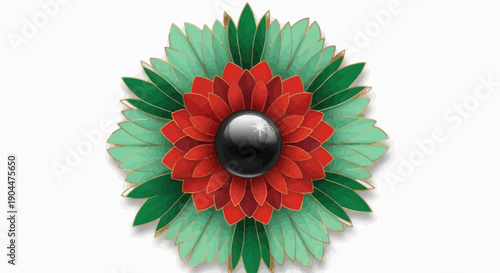 Stylized red and green flower with glossy black pearl center on white background