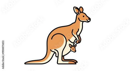 Cute kangaroo with joey in pouch on white background
