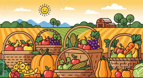 Fresh produce harvest in baskets on a cheerful farm field landscape.