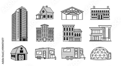 Collection of diverse building types and architectural structures in outline vector illustration.