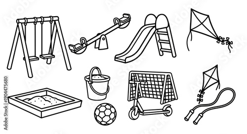 Collection of Playground Equipment and Outdoor Toys Line Art