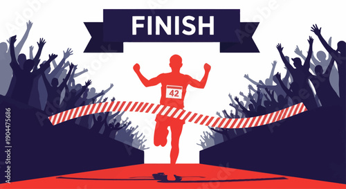 Runner crossing finish line to victory with cheering crowd.