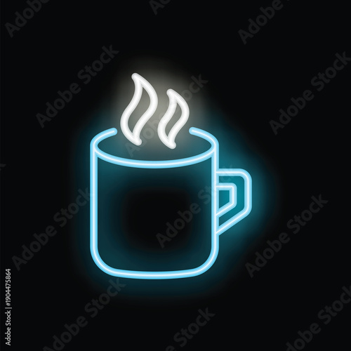 Blue neon sign depicting a steaming hot coffee mug is glowing on a black background
