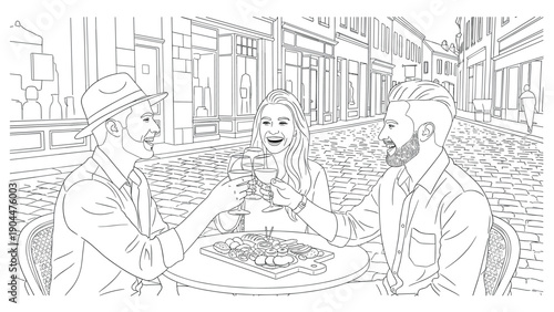 Friends enjoying outdoor dining in urban street setting