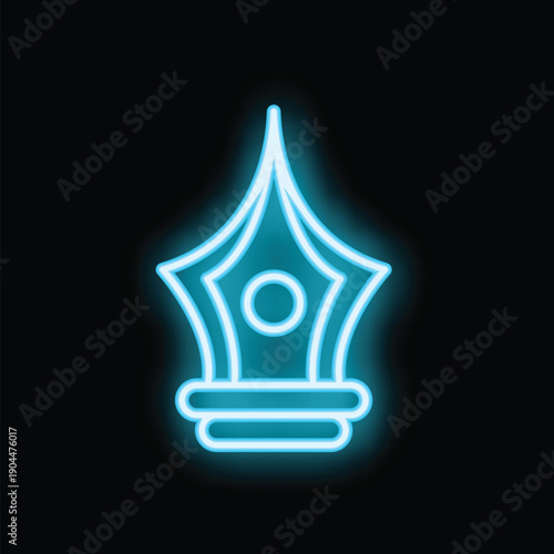 Blue neon sign of a pen nib glowing on a black background