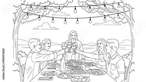 Friends enjoying outdoor dinner party with string lights on summer evening