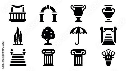 Elegant black silhouette icons of classic architecture and garden elements