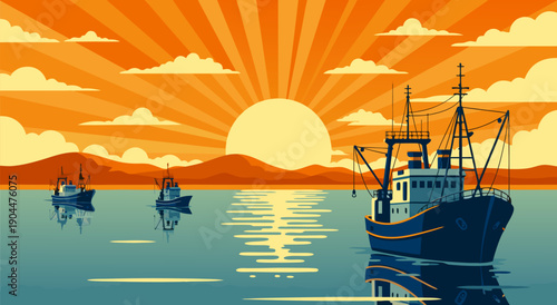 Serene Fishing Boats Sailing on Calm Water at Sunrise Vector Illustration