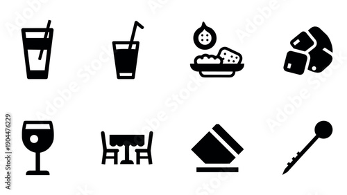 Monochrome icon set: drinks, dining, and kitchen essentials in bold style