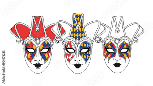 Colorful jester masks with intricate patterns and bells