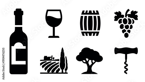 Wine icons: bottle, glass, grapes, barrel, vineyard, tree, corkscrew in black silhouette style