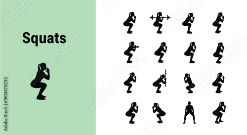 Collection of female silhouette icons illustrating various squat exercise techniques including bodyweight and weighted variations for fitness guides and workout plans