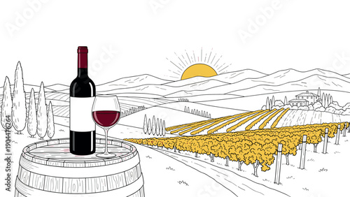 Wine bottle and glass on barrel overlooking idyllic vineyard at sunrise