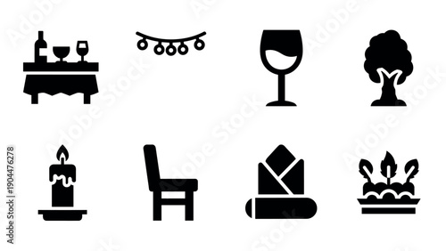 Silhouette icons: dining table, wine glass, candle, and decorative elements for dining