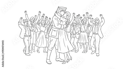 Joyful reunion of a soldier and loved one celebrated by a cheering crowd in vintage style