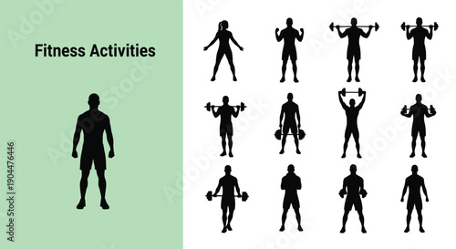 Collection of black silhouette icons displaying various fitness activities and weightlifting exercises for workout graphic design needs