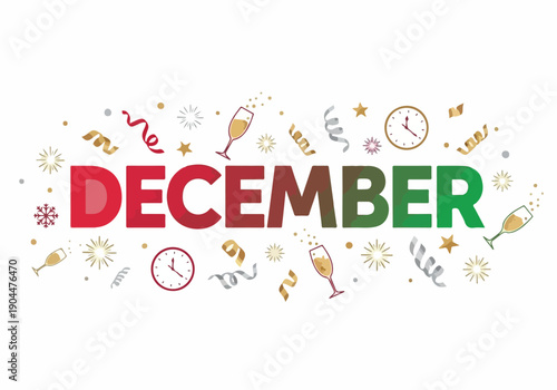 Festive December holiday banner with champagne glasses, confetti, and sparkling decorations on a white background, perfect for New Year's Eve celebrations