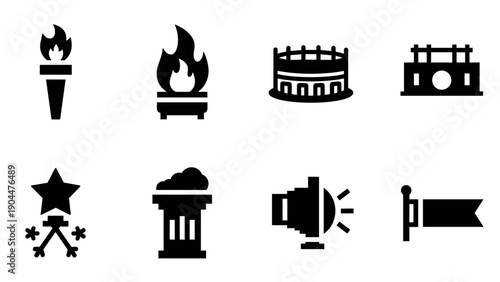 Olympic icon set featuring torch, podium, arena, and award symbols in bold black silhouette style
